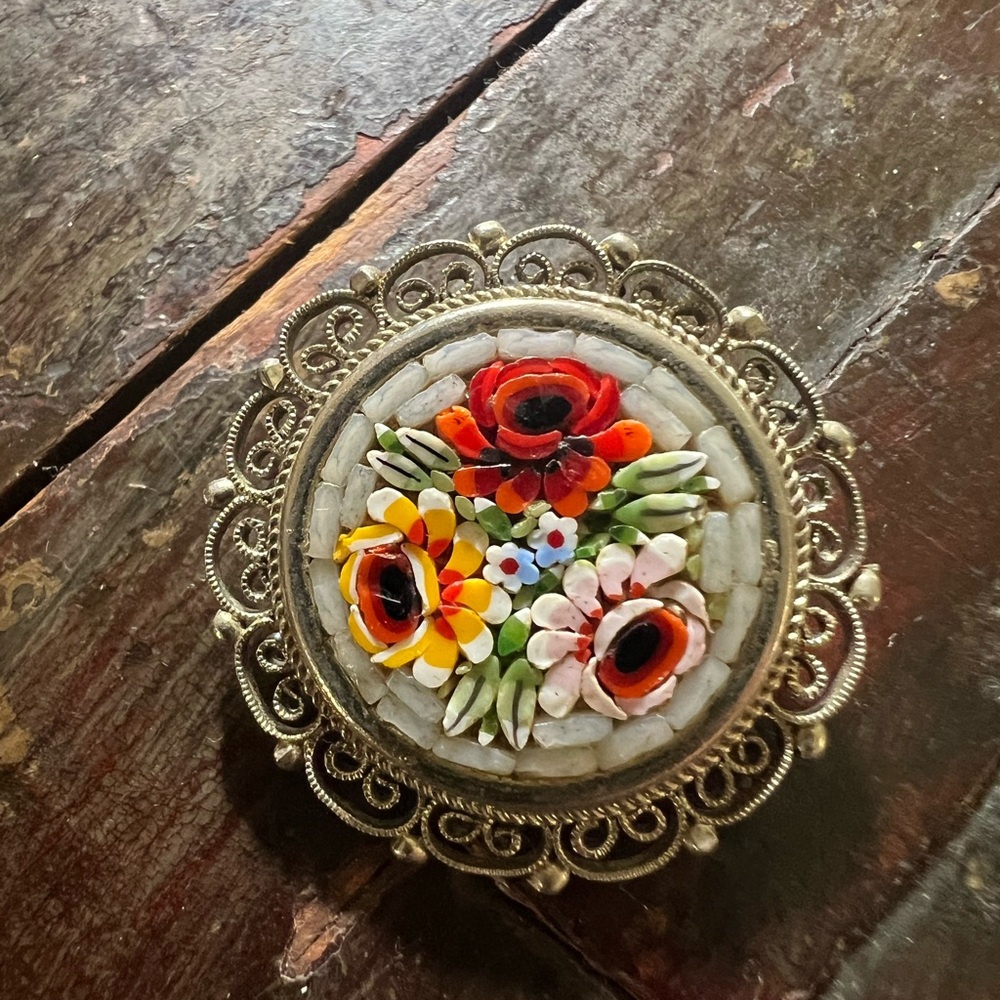Vintage Floral Enamel Mosaic Brooch